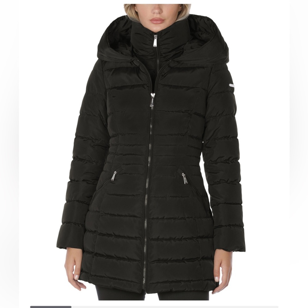 NWOT Laundry by Shelli Segal Black Bibbed Hooded Puffer Jacket Coat Size Small
